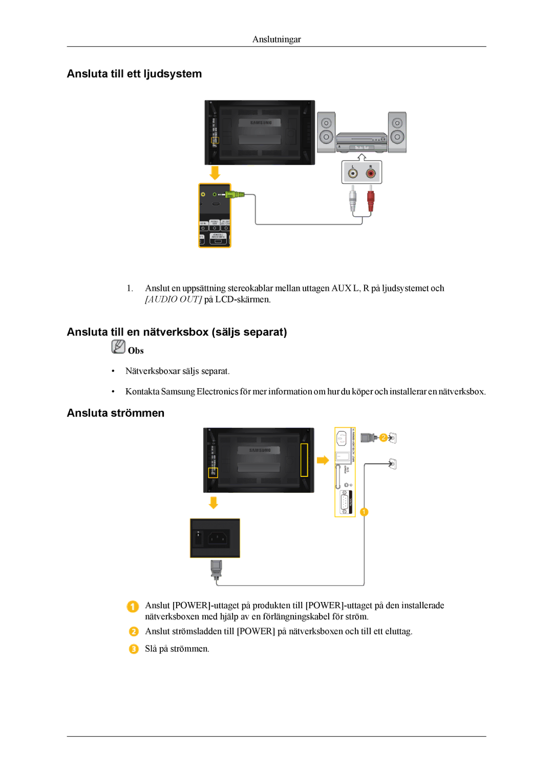 Samsung LH55CPPLBB/EN manual Ansluta till ett ljudsystem, Ansluta till en nätverksbox säljs separat, Ansluta strömmen 