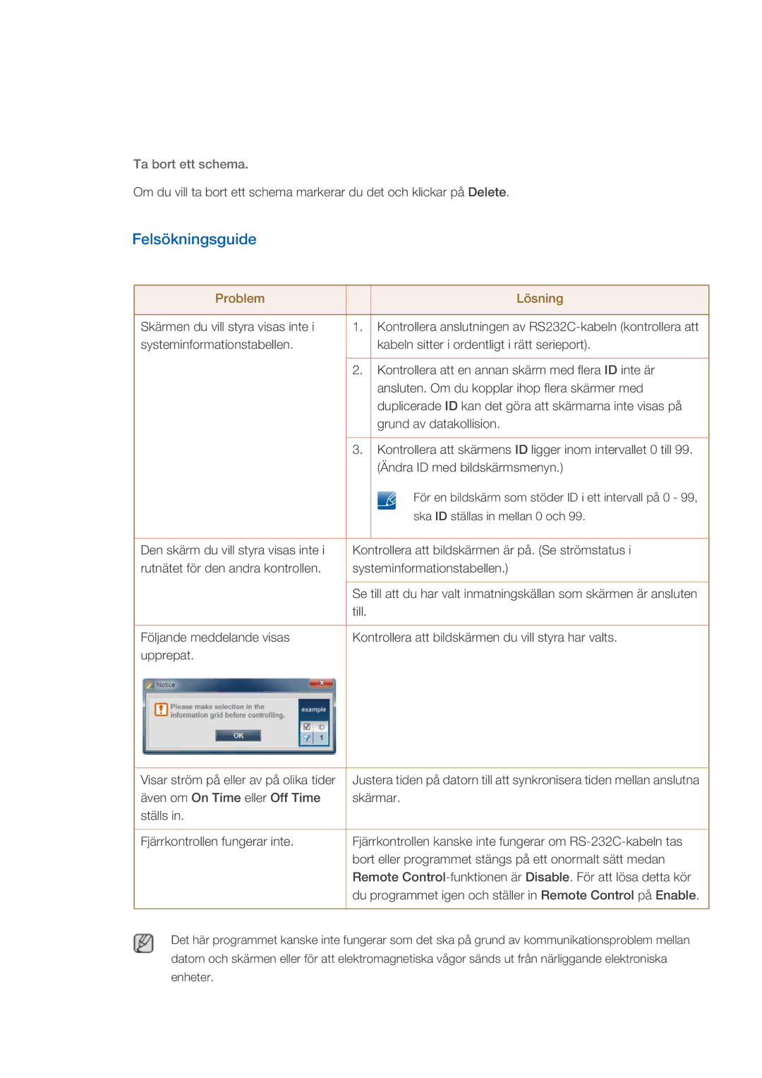 Samsung LH55CPPLBB/EN, LH46CPPLBB/EN manual Felsökningsguide, Ta bort ett schema 