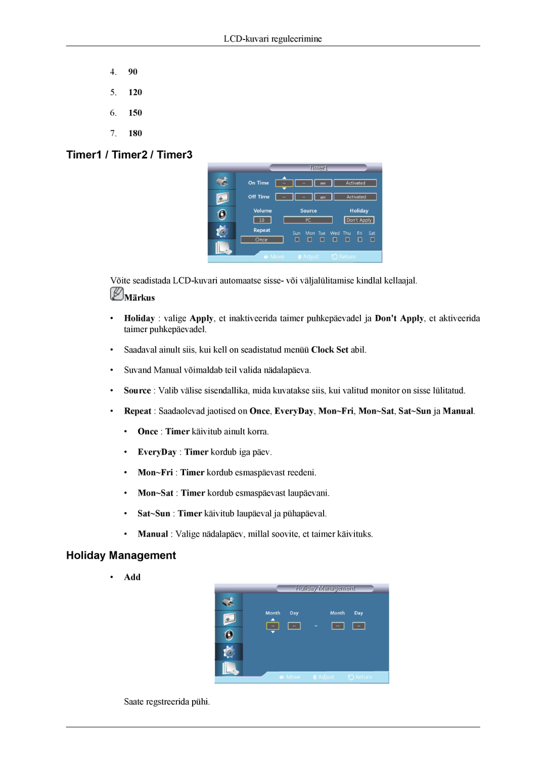 Samsung LH55CPPLBB/EN, LH46CPPLBB/EN manual Timer1 / Timer2 / Timer3, Holiday Management, Add 