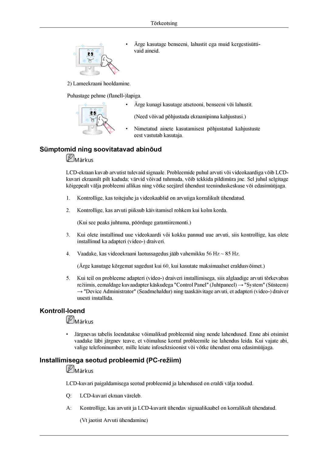 Samsung LH55CPPLBB/EN Sümptomid ning soovitatavad abinõud, Kontroll-loend, Installimisega seotud probleemid PC-režiim 