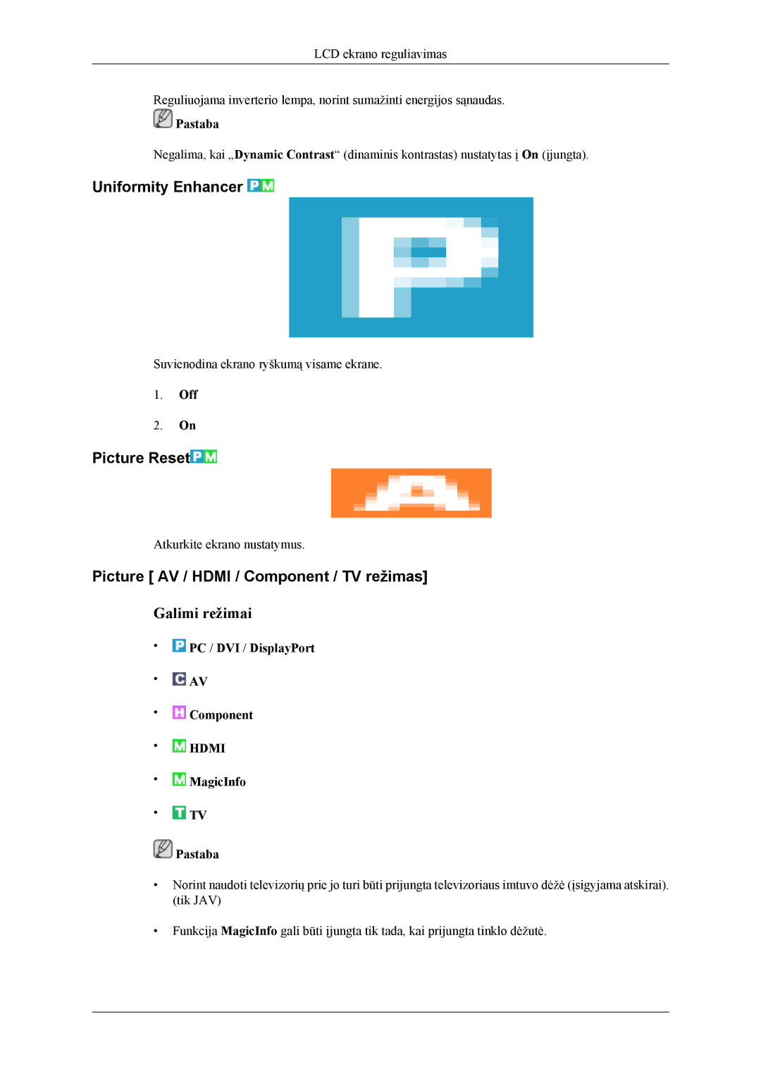 Samsung LH46CPPLBB/EN, LH55CPPLBB/EN manual Uniformity Enhancer, Picture Reset, Picture AV / Hdmi / Component / TV režimas 