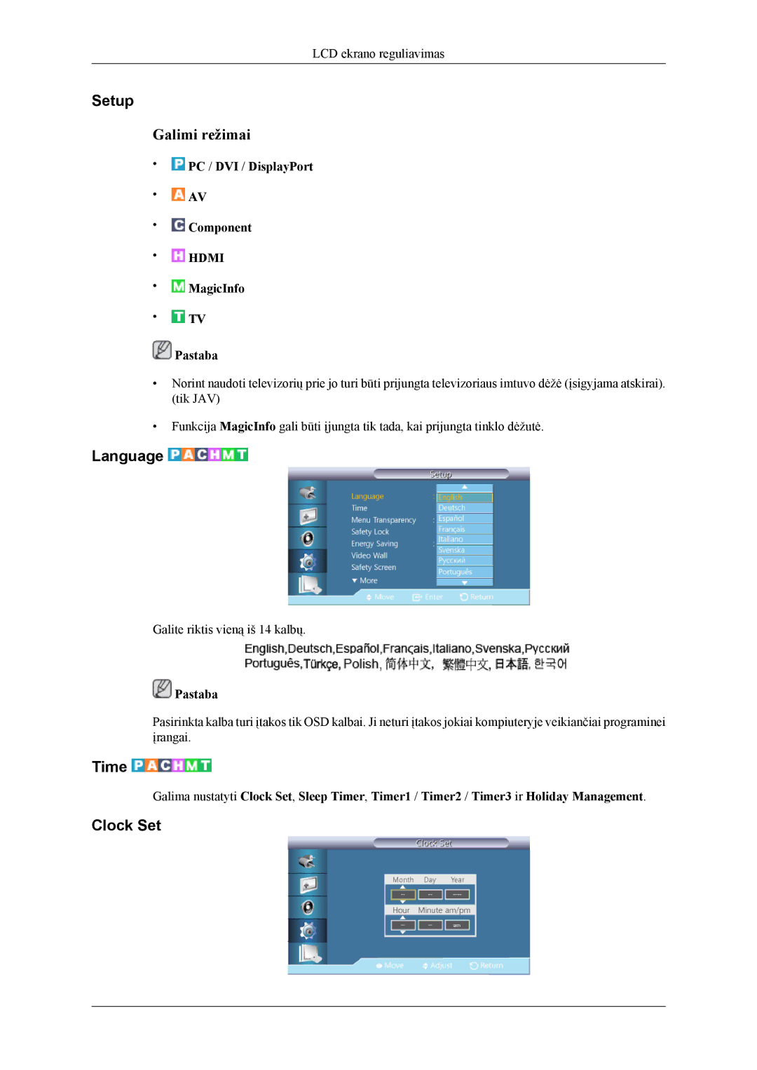 Samsung LH55CPPLBB/EN, LH46CPPLBB/EN manual Setup, Language, Time, Clock Set 