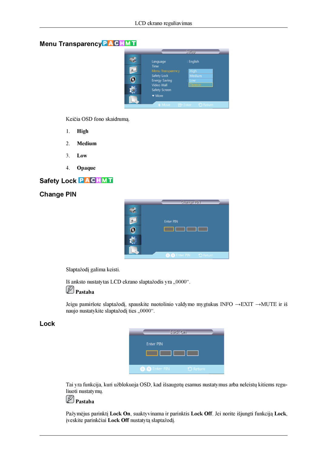 Samsung LH46CPPLBB/EN, LH55CPPLBB/EN manual Menu Transparency, Safety Lock Change PIN, High Medium Low Opaque 