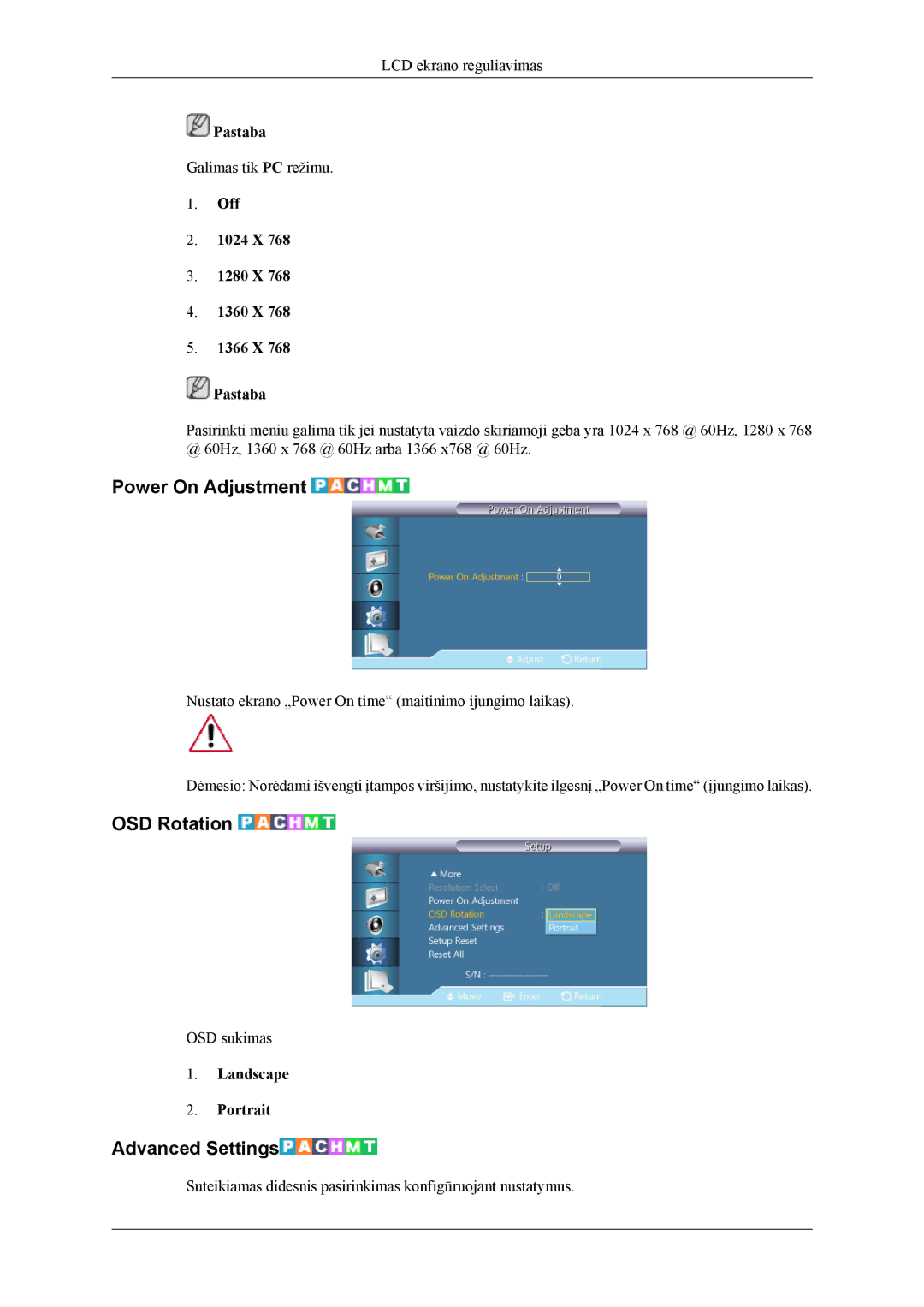 Samsung LH55CPPLBB/EN manual Power On Adjustment, OSD Rotation, Advanced Settings, Off 1024 X 1280 X 1360 X 1366 X Pastaba 