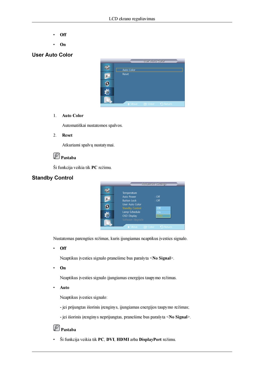 Samsung LH46CPPLBB/EN, LH55CPPLBB/EN manual User Auto Color, Standby Control, Reset 