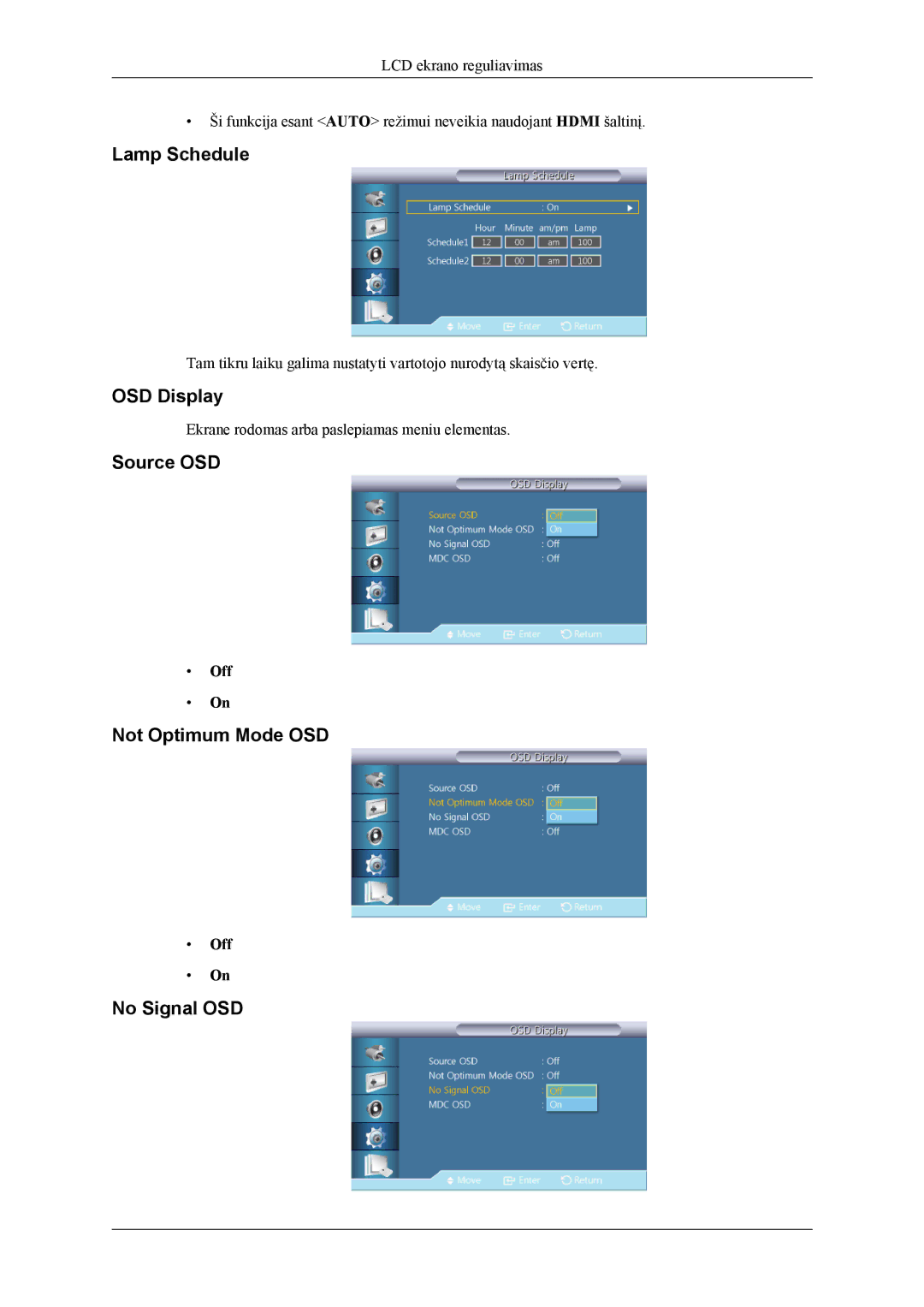 Samsung LH55CPPLBB/EN, LH46CPPLBB/EN manual Lamp Schedule, OSD Display, Source OSD, Not Optimum Mode OSD, No Signal OSD 