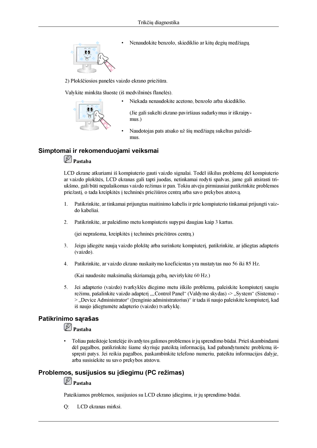 Samsung LH46CPPLBB/EN, LH55CPPLBB/EN manual Simptomai ir rekomenduojami veiksmai, Patikrinimo sąrašas 