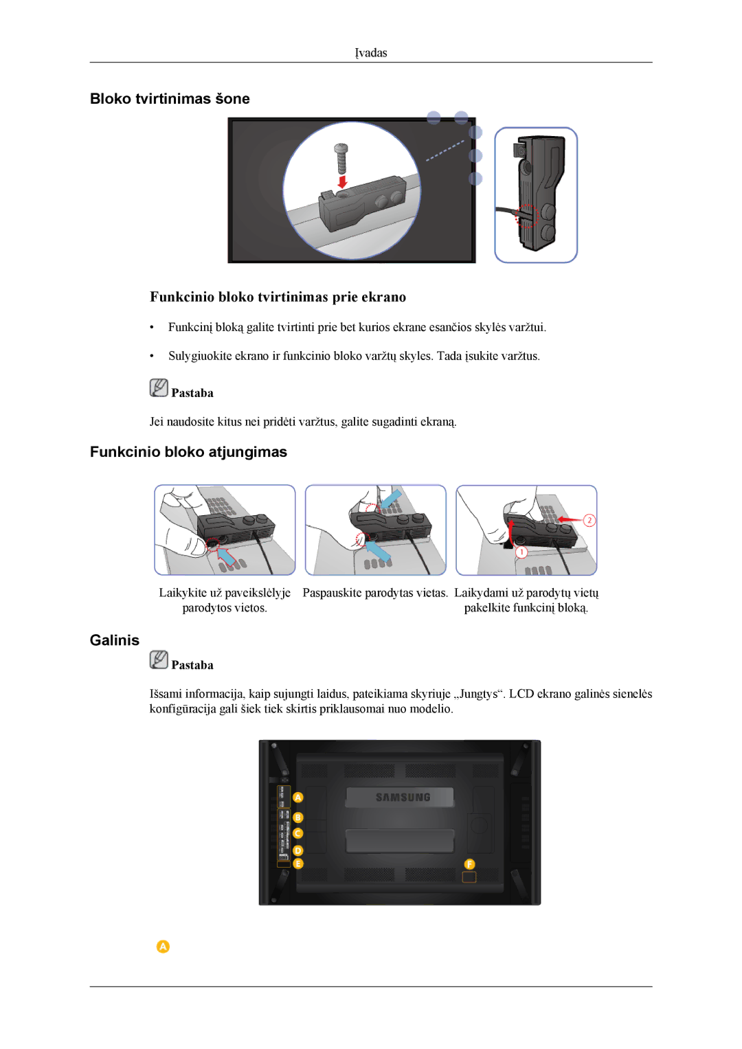 Samsung LH46CPPLBB/EN, LH55CPPLBB/EN manual Bloko tvirtinimas šone, Funkcinio bloko atjungimas, Galinis 