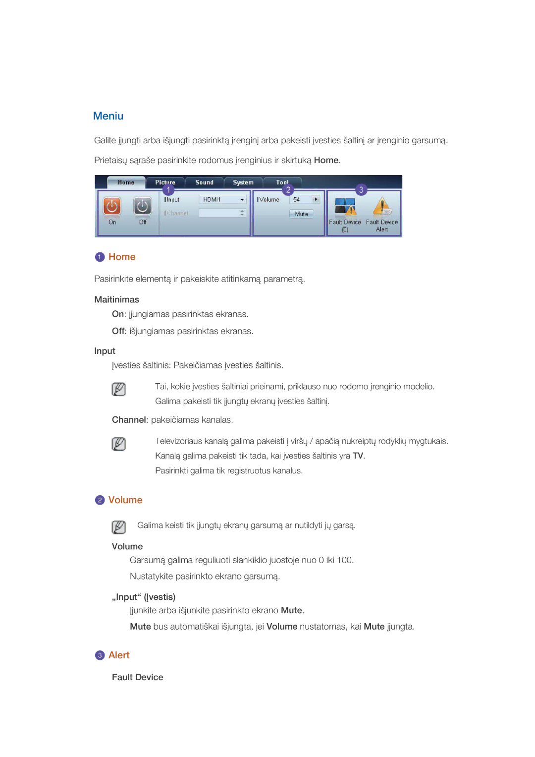 Samsung LH46CPPLBB/EN, LH55CPPLBB/EN manual Meniu, Home, Volume, Alert 