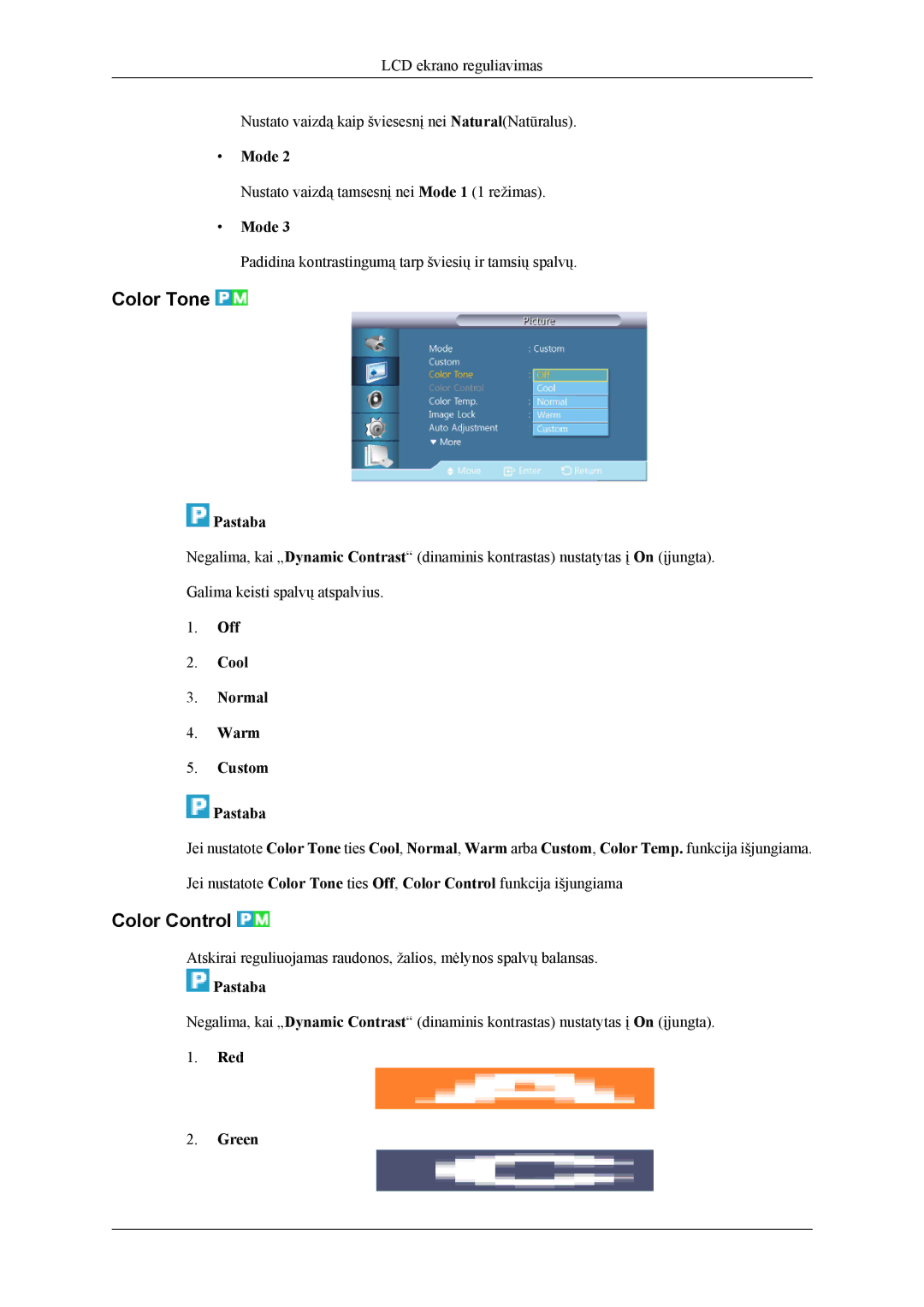 Samsung LH55CPPLBB/EN, LH46CPPLBB/EN manual Color Tone, Color Control, Off Cool Normal Warm Custom Pastaba, Red Green 