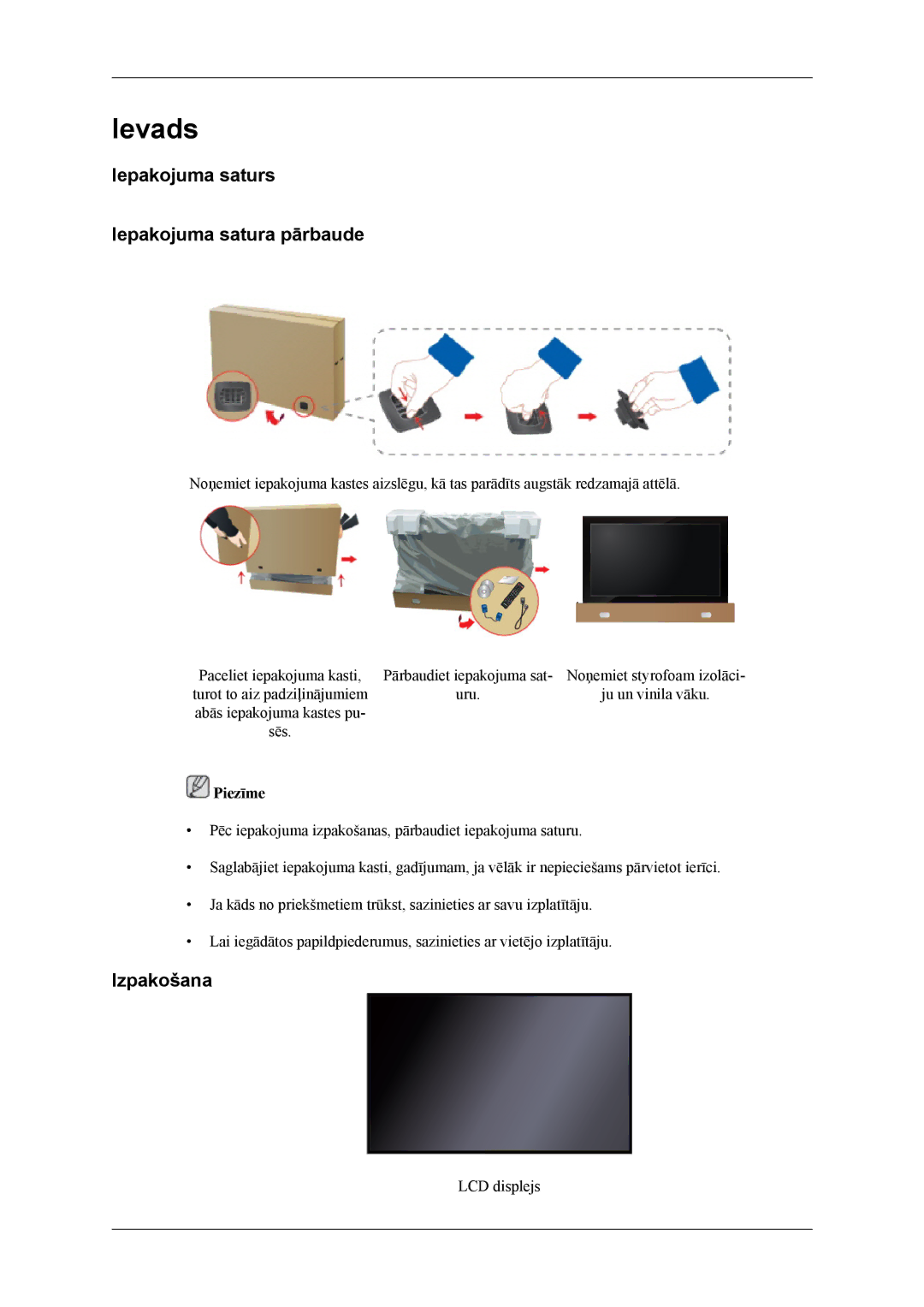 Samsung LH46CPPLBB/EN, LH55CPPLBB/EN manual Iepakojuma saturs Iepakojuma satura pārbaude, Izpakošana 