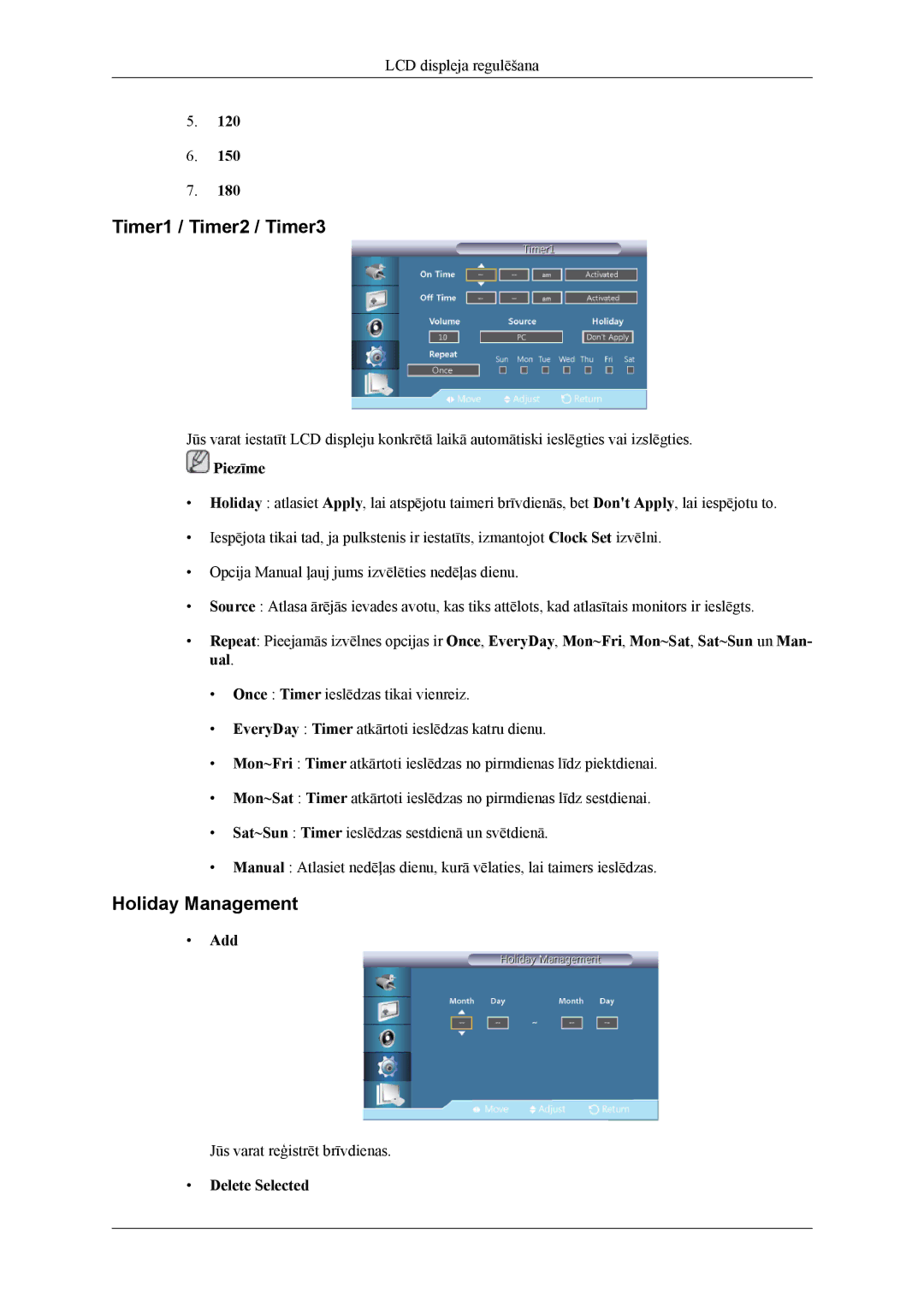 Samsung LH46CPPLBB/EN, LH55CPPLBB/EN manual Timer1 / Timer2 / Timer3, Holiday Management, Add, Delete Selected 