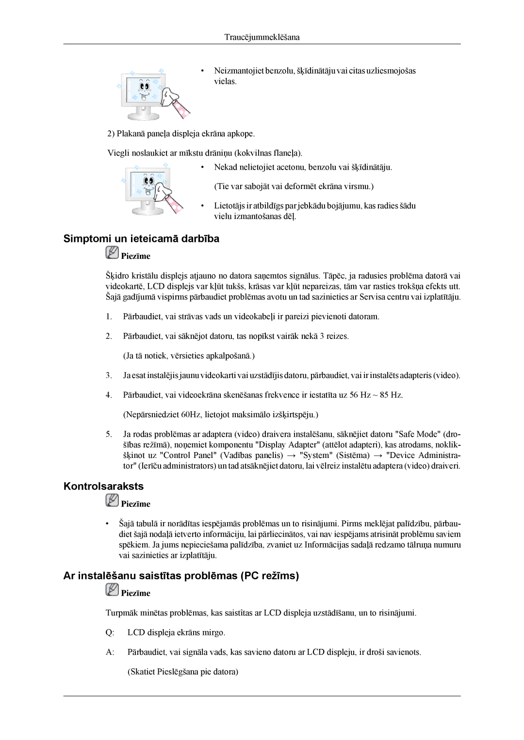 Samsung LH46CPPLBB/EN manual Simptomi un ieteicamā darbība, Kontrolsaraksts, Ar instalēšanu saistītas problēmas PC režīms 