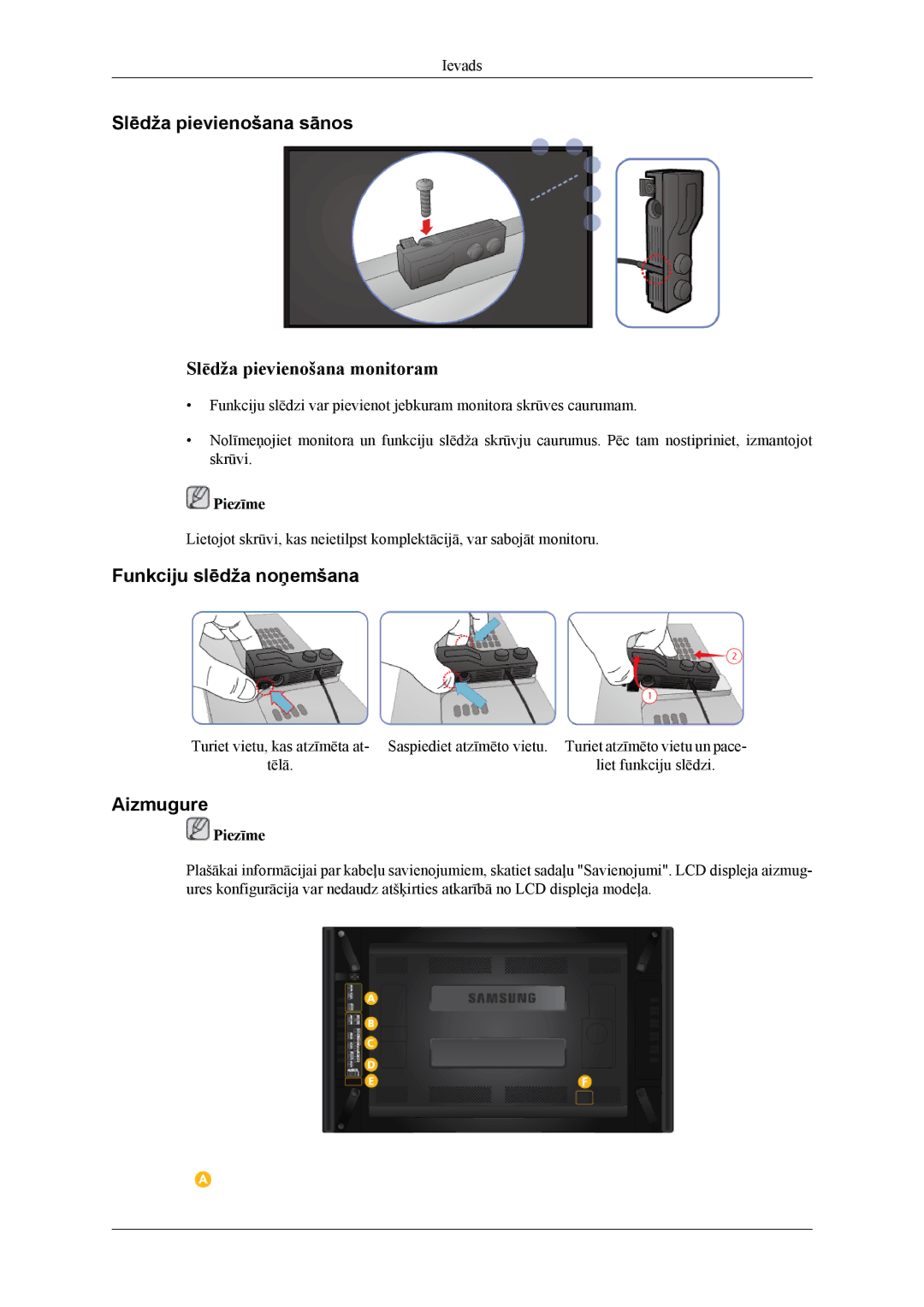 Samsung LH46CPPLBB/EN, LH55CPPLBB/EN manual Slēdža pievienošana sānos, Funkciju slēdža noņemšana, Aizmugure 