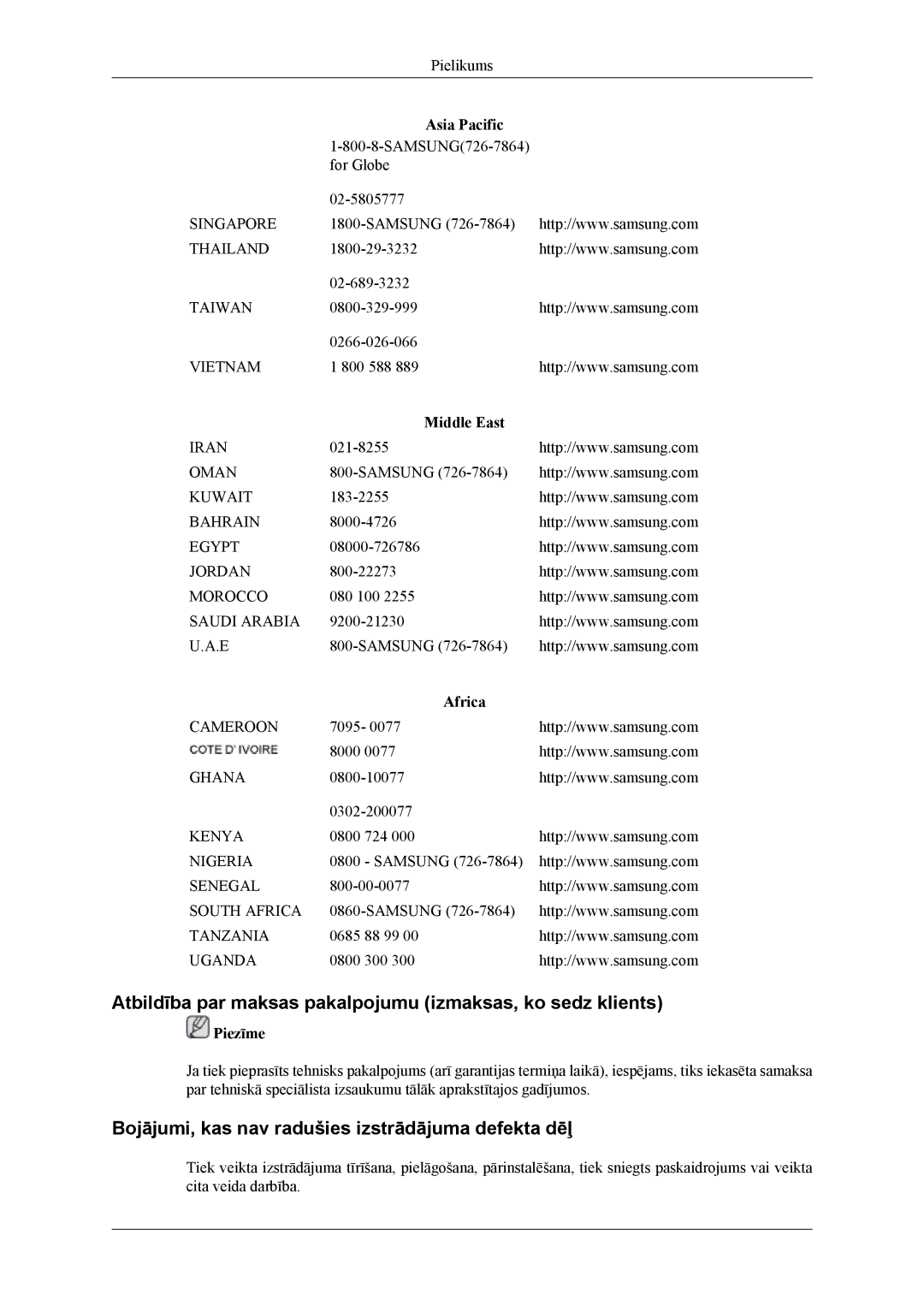 Samsung LH55CPPLBB/EN, LH46CPPLBB/EN manual Atbildība par maksas pakalpojumu izmaksas, ko sedz klients, Middle East, Africa 