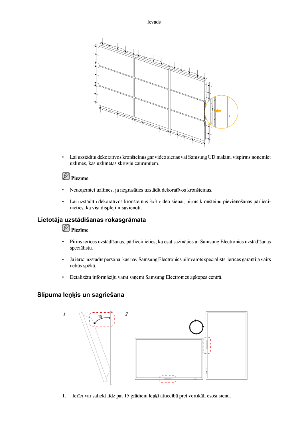 Samsung LH55CPPLBB/EN, LH46CPPLBB/EN manual Lietotāja uzstādīšanas rokasgrāmata, Slīpuma leņķis un sagriešana 