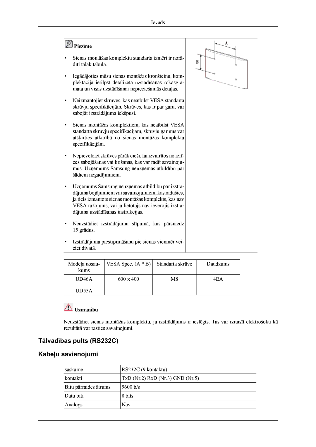 Samsung LH46CPPLBB/EN, LH55CPPLBB/EN manual Tālvadības pults RS232C Kabeļu savienojumi, Uzmanîbu 