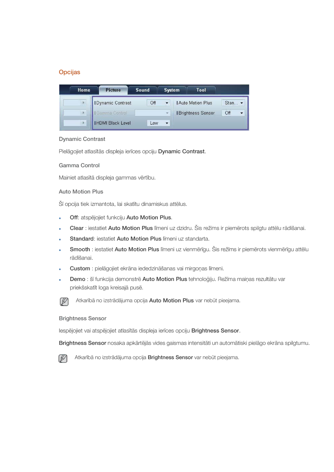 Samsung LH46CPPLBB/EN, LH55CPPLBB/EN manual Opcijas, Dynamic Contrast, Gamma Control, Auto Motion Plus, Brightness Sensor 
