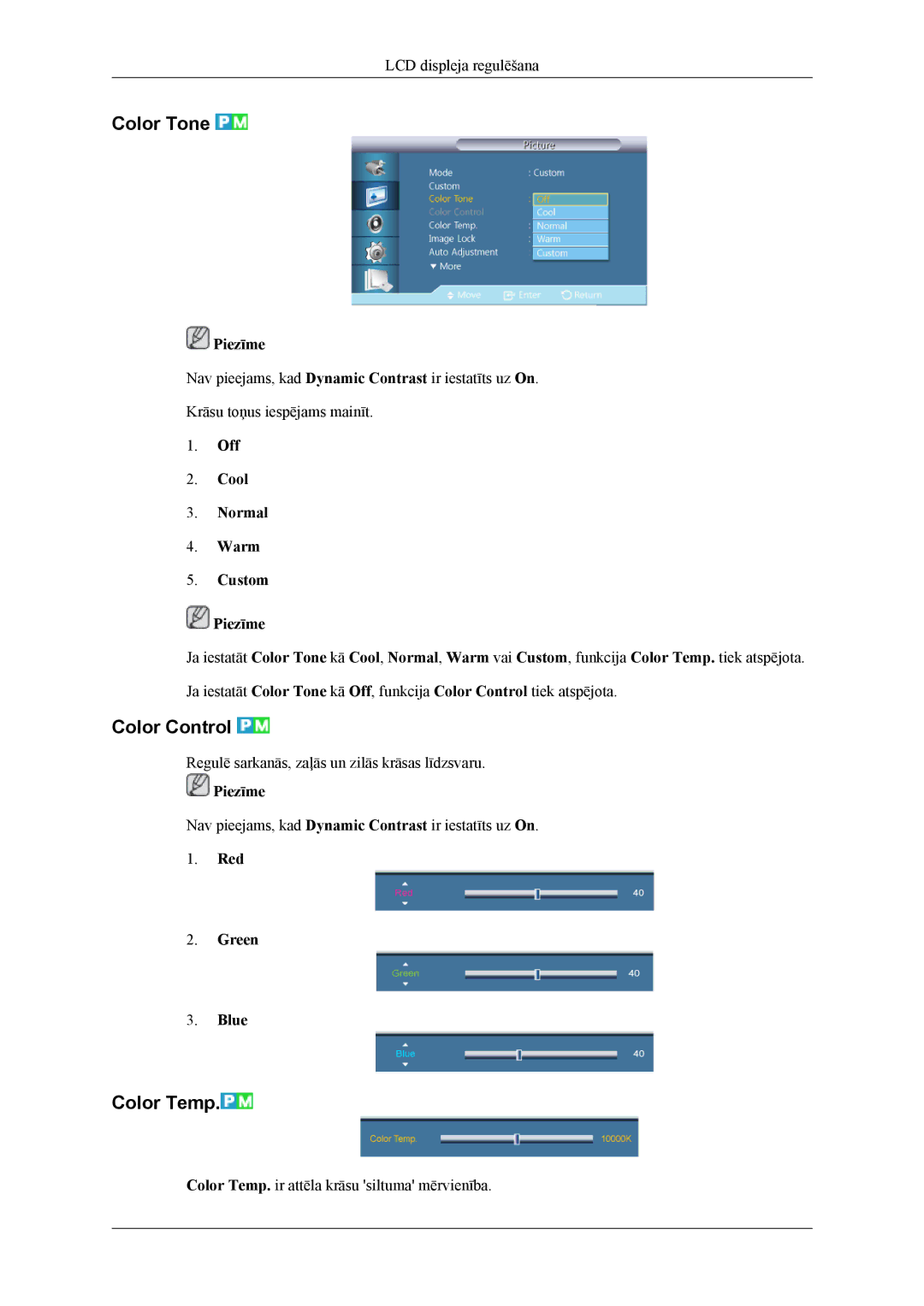 Samsung LH55CPPLBB/EN manual Color Tone, Color Control, Color Temp, Off Cool Normal Warm Custom Piezīme, Red Green Blue 