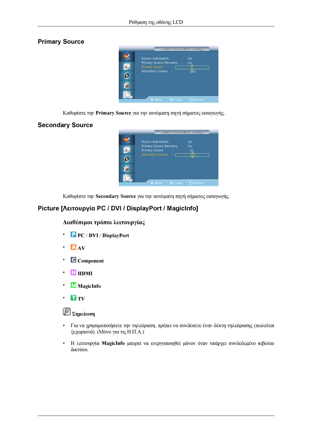 Samsung LH46CPPLBB/EN manual Primary Source, Secondary Source, Picture Λειτουργία PC / DVI / DisplayPort / MagicInfo 