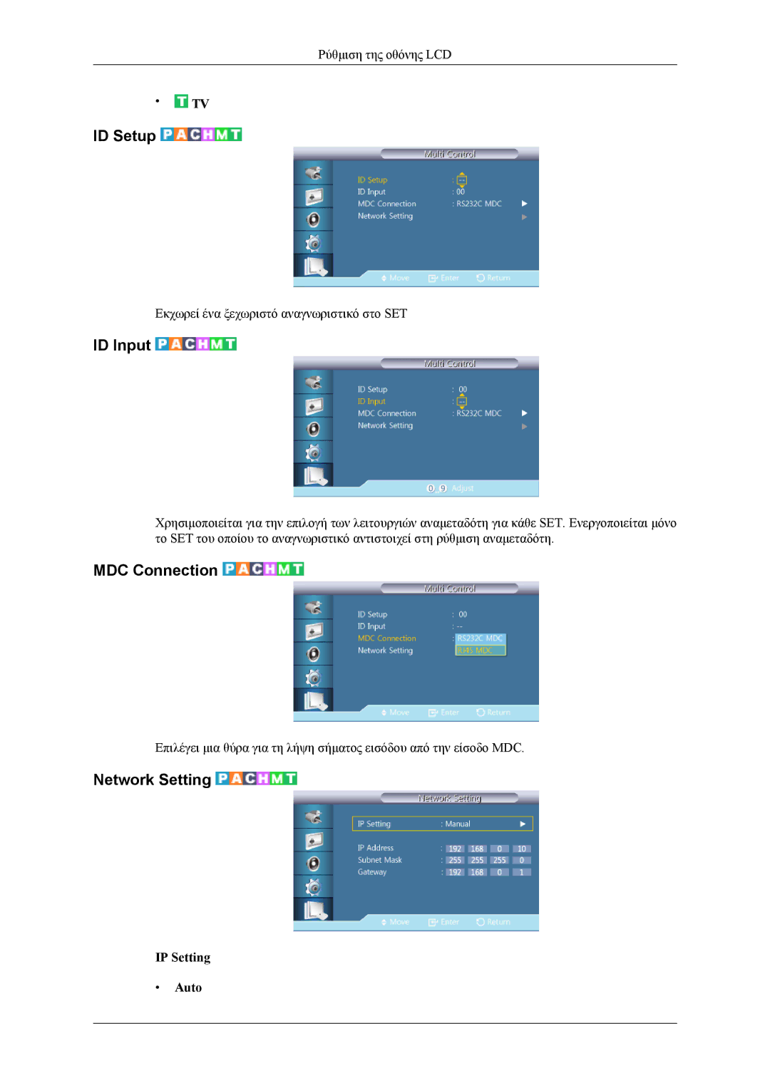 Samsung LH46CPPLBB/EN, LH55CPPLBB/EN manual ID Setup, ID Input, MDC Connection, Network Setting, IP Setting Auto 