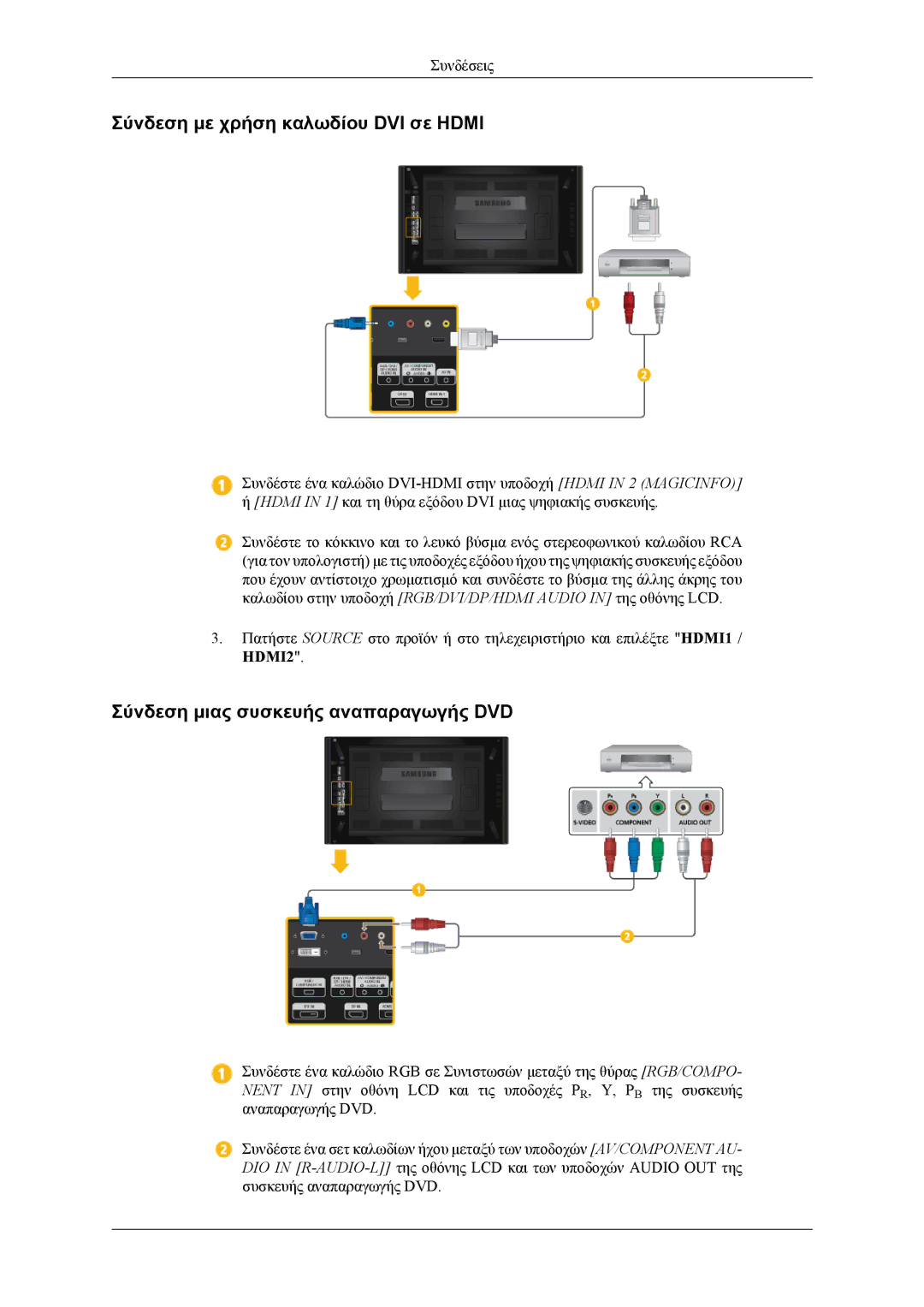 Samsung LH55CPPLBB/EN, LH46CPPLBB/EN manual Σύνδεση με χρήση καλωδίου DVI σε Hdmi, Σύνδεση μιας συσκευής αναπαραγωγής DVD 