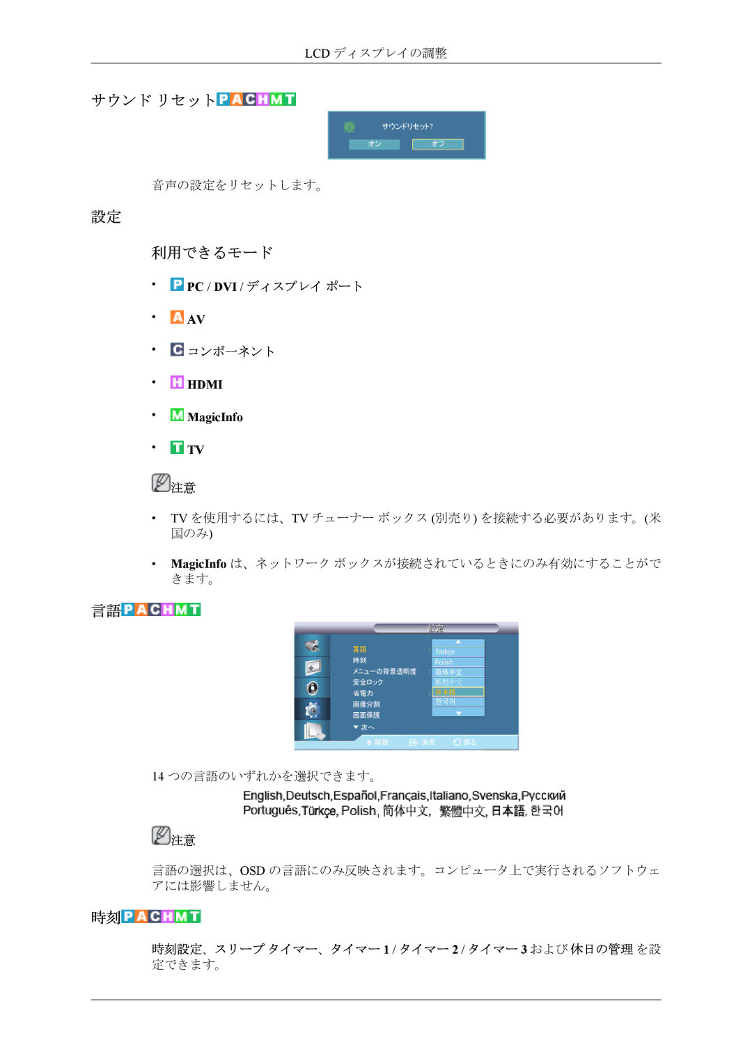 Samsung LH55CPPLBB/XJ, LH46CPPLBB/XJ manual サウンド リセット, 利用できるモード 