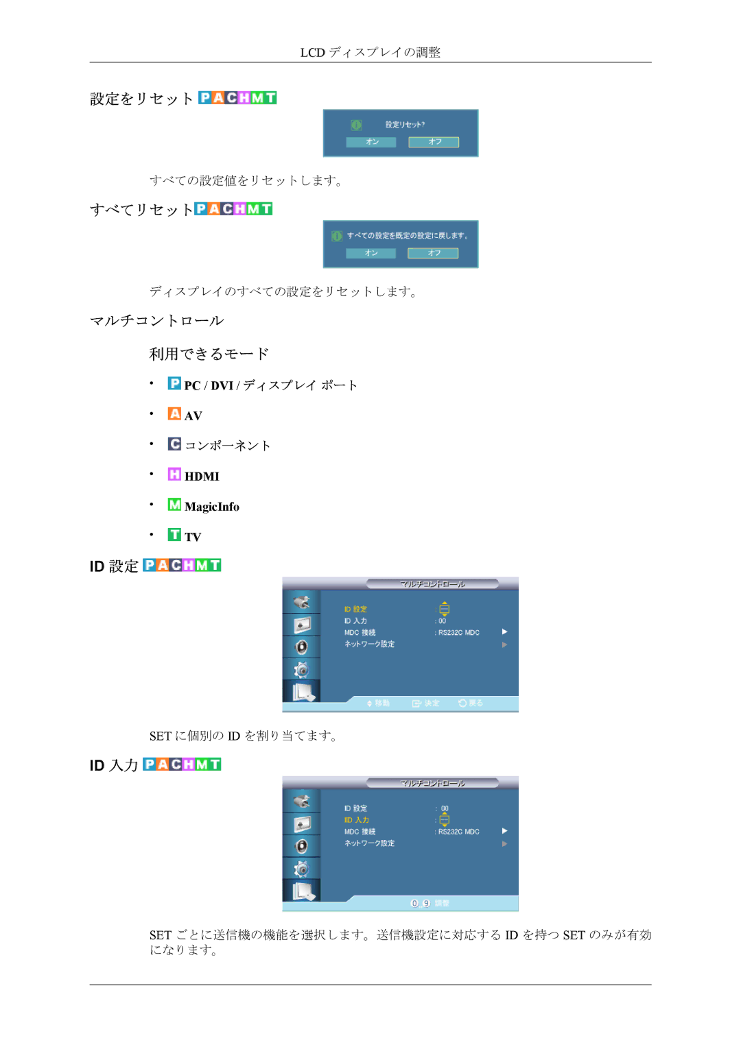 Samsung LH46CPPLBB/XJ, LH55CPPLBB/XJ manual 設定をリセット, すべてリセット, マルチコントロール 利用できるモード 