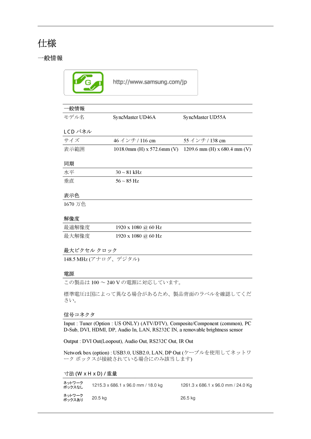 Samsung LH46CPPLBB/XJ, LH55CPPLBB/XJ manual 一般情報 