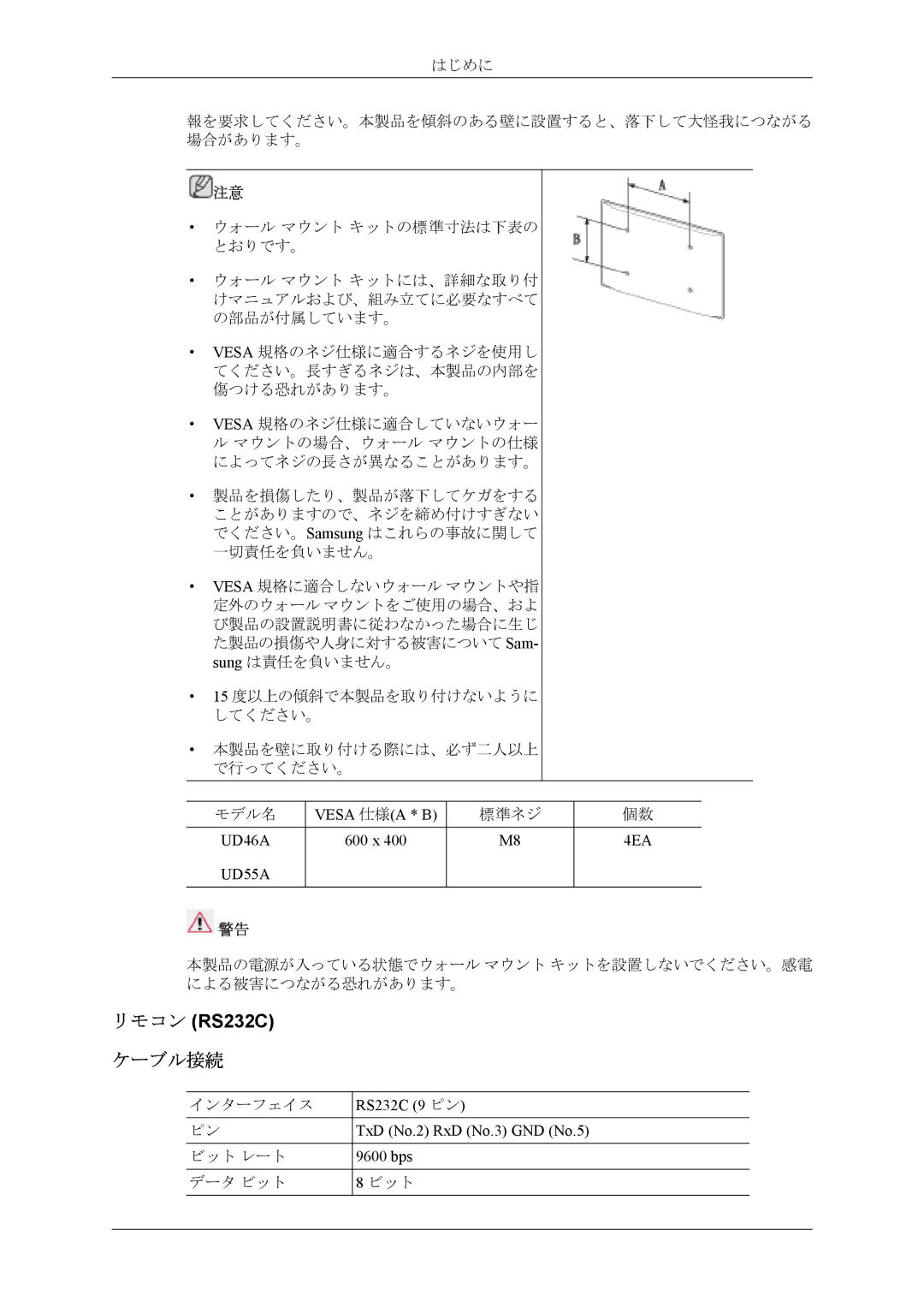 Samsung LH46CPPLBB/XJ, LH55CPPLBB/XJ manual ケーブル接続, Vesa 仕様A * B, 600 x, RS232C 9 ピン TxD No.2 RxD No.3 GND No.5 9600 bps 