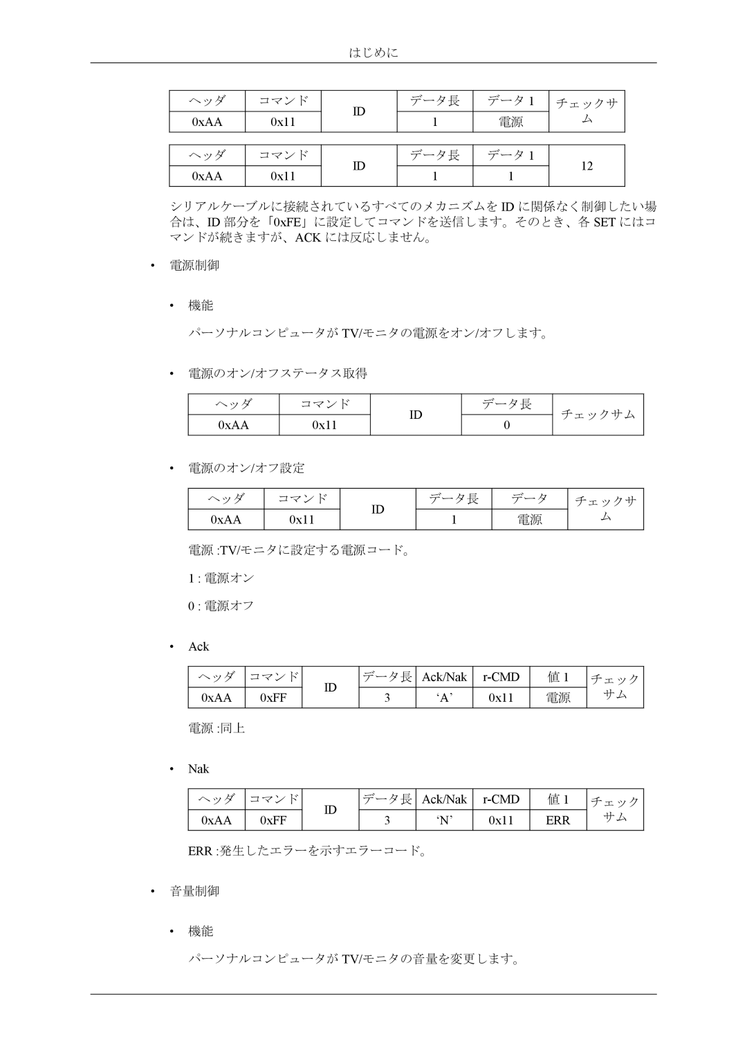 Samsung LH55CPPLBB/XJ, LH46CPPLBB/XJ manual 電源オン 電源オフ Ack, Ack/Nak CMD, 0xAA 0xFF ‘A’ 0x11, 0xAA 0xFF ‘N’ 0x11 