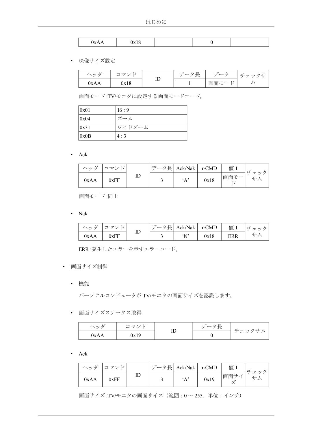 Samsung LH46CPPLBB/XJ manual 0xAA 0x18, 0x01 0x04 0x31 0x0B, Ack/Nak ‘A’ CMD 0x18, 0xAA 0xFF ‘N’ 0x18, 0xAA 0x19 Ack 