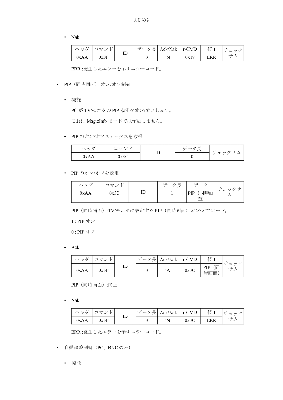 Samsung LH55CPPLBB/XJ, LH46CPPLBB/XJ manual 0xAA 0xFF ‘N’ 0x19, PIP オフ Ack, Pip （同, 0xAA 0xFF ‘A’ 0x3C, 0xAA 0xFF ‘N’ 0x3C 