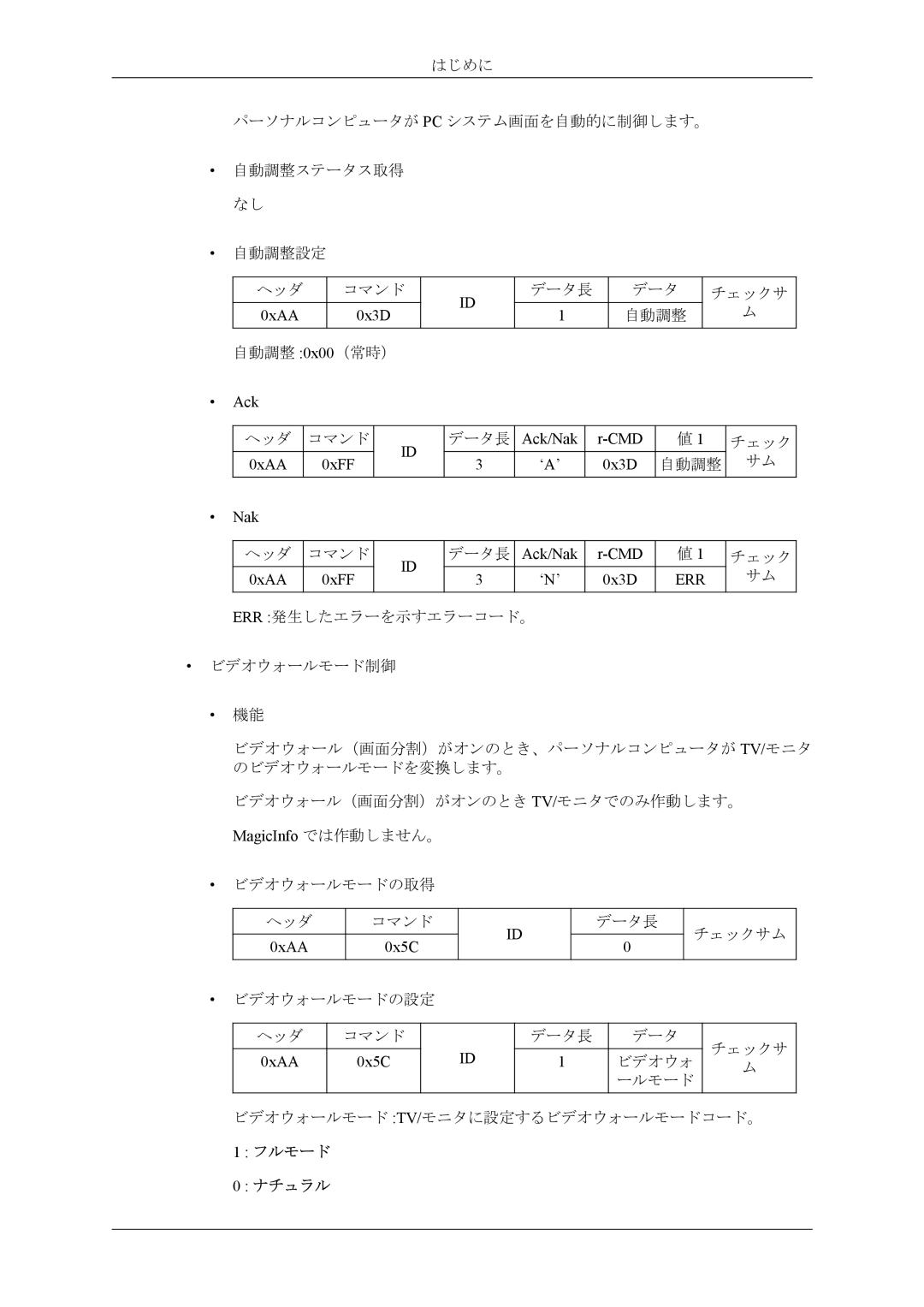 Samsung LH46CPPLBB/XJ, LH55CPPLBB/XJ manual 0xAA 0x3D, 0xAA 0xFF ‘A’ 0x3D, Ack/Nak ‘N’ CMD 0x3D, MagicInfo では作動しません。 