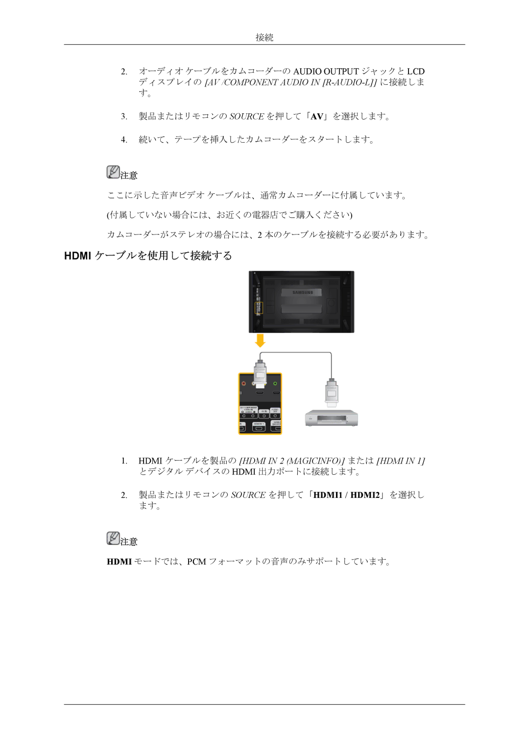 Samsung LH55CPPLBB/XJ, LH46CPPLBB/XJ manual Hdmi ケーブルを使用して接続する, Hdmi ケーブルを製品の Hdmi in 2 Magicinfo または Hdmi 