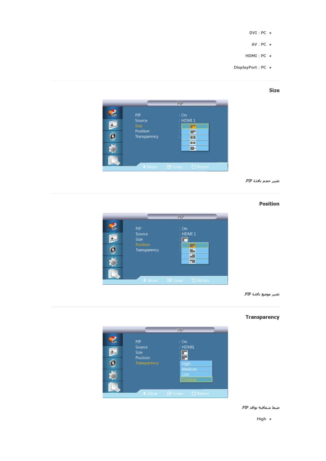 Samsung LH40CRPMBC/NG, LH46CRPMBC/EN, LH40CRPMBD/EN, LH40CRPMBC/EN, LH46CRPMBC/XY, LH46CRPMBD/HD Size, Position, Transparency 