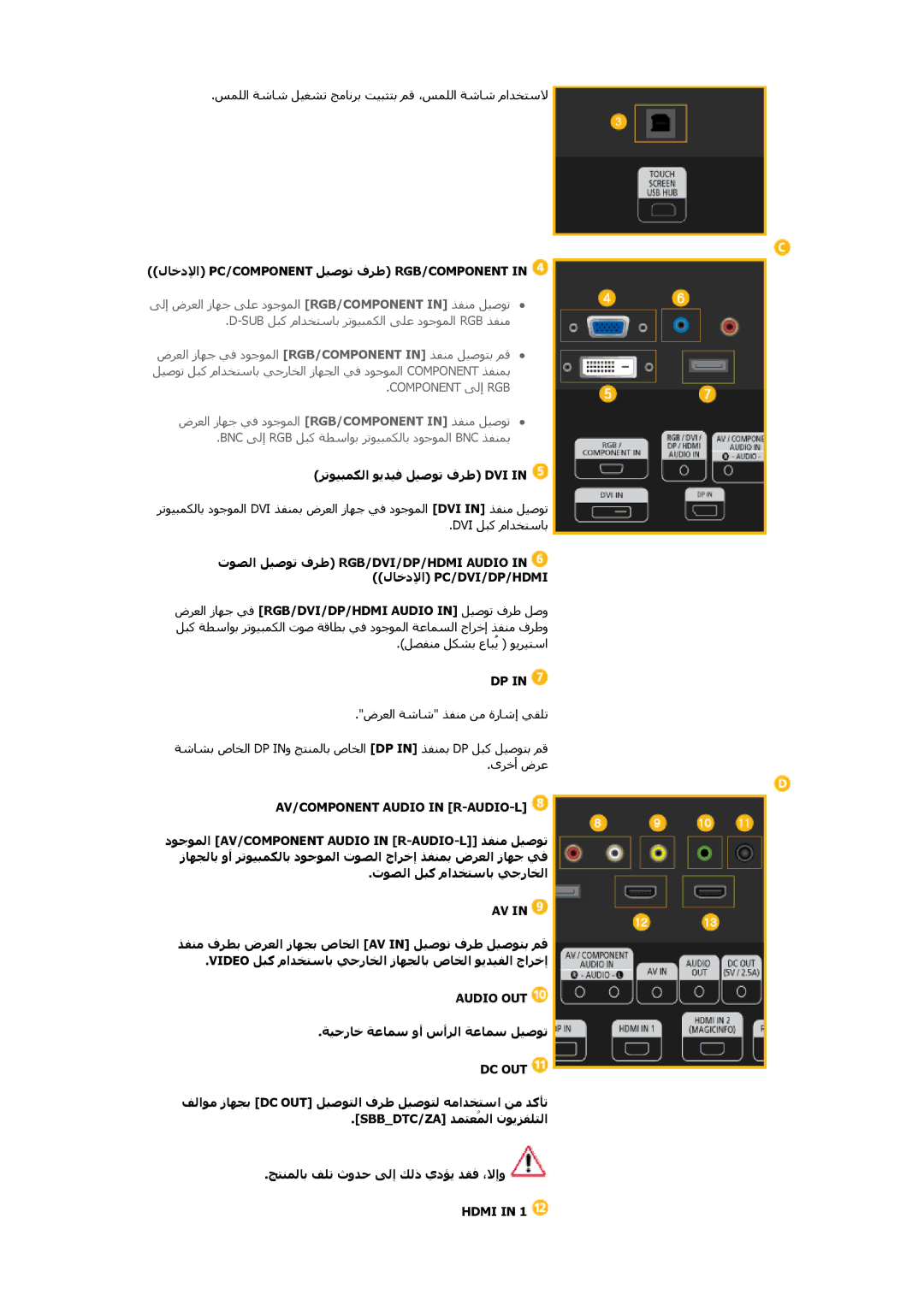 Samsung LH46CRPMBD/XY, LH46CRPMBC/EN manual لﺎﺧدﻹا Pc/Component ﻞﻴﺹﻮﺗ فﺮﻃ Rgb/Component, ﺮﺗﻮﻴﺒﻤﻜﻟا ﻮﻳﺪﻴﻓ ﻞﻴﺹﻮﺗ فﺮﻃ Dvi 