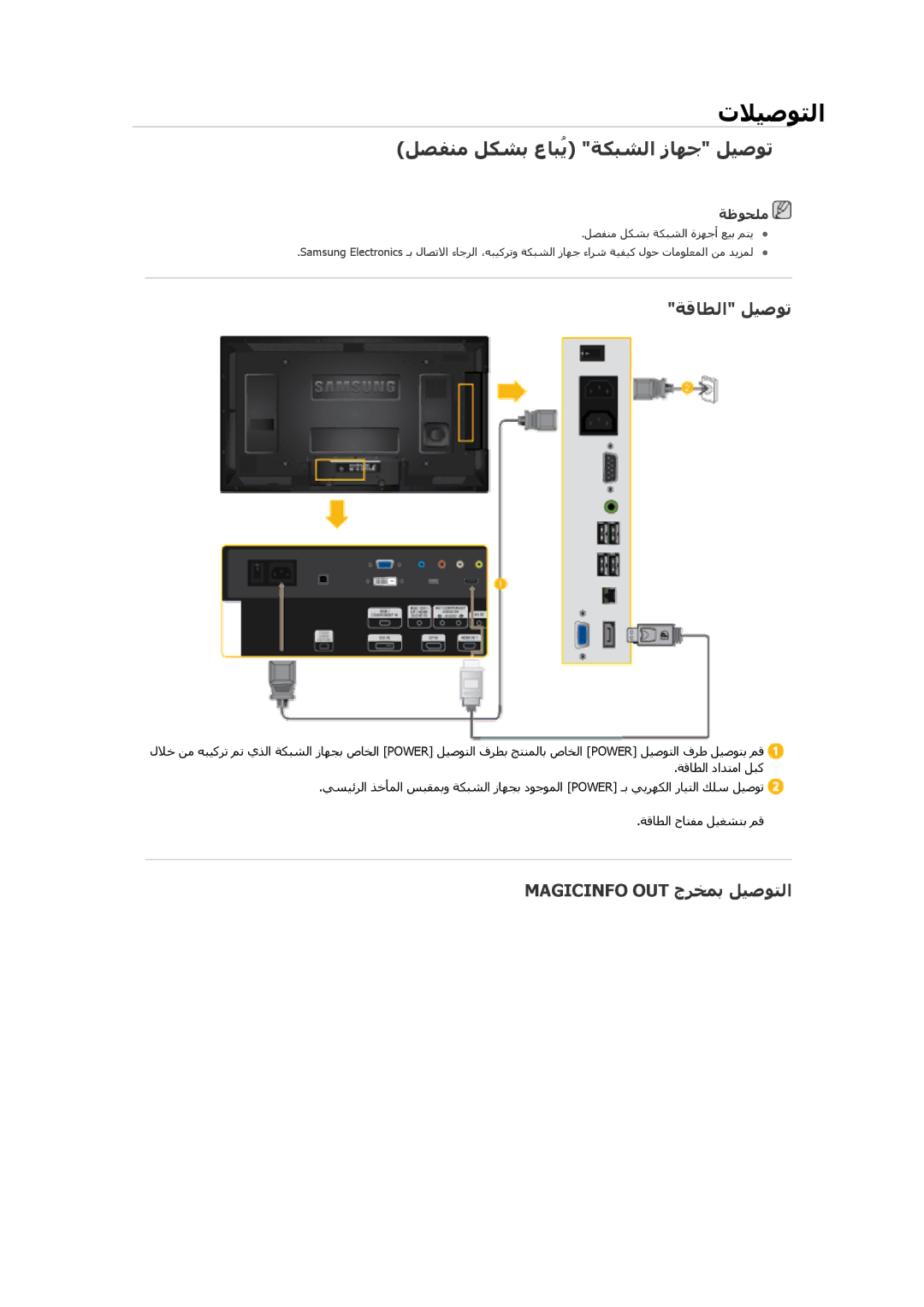 Samsung LH46CRPMBD/XY, LH46CRPMBC/EN manual ﻞﺼﻔﻨﻣ ﻞﻜﺸﺑ عﺎﺒُﻳ ﺔﻜﺒﺸﻟا زﺎﻬﺟ ﻞﻴﺻﻮﺗ, ﺔﻗﺎﻄﻟا ﻞﻴﺻﻮﺗ, Magicinfo OUT جﺮﺨﻤﺑ ﻞﻴﺻﻮﺘﻟا 