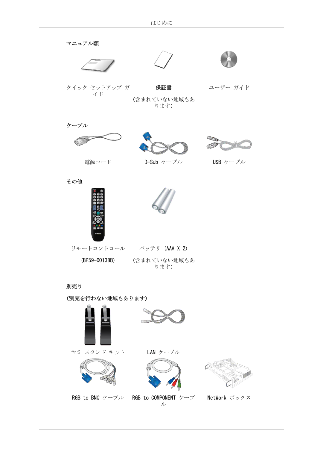 Samsung LH40CRPMBC/XJ, LH46CRPMBC/XJ, LH46CRPMBD/XJ, LH40CRPMBD/XJ manual マニュアル類, ケーブル, その他, 別売り （別売を行わない地域もあります） 