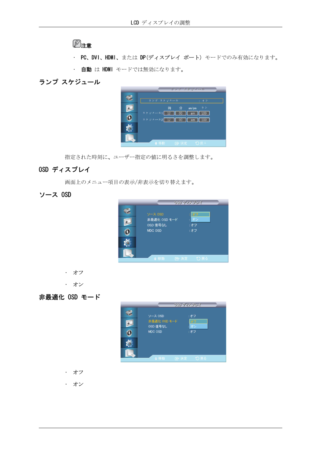 Samsung LH40CRPMBD/XJ, LH46CRPMBC/XJ, LH46CRPMBD/XJ, LH40CRPMBC/XJ manual ランプ スケジュール, Osd ディスプレイ, ソース Osd 非最適化 Osd モード 