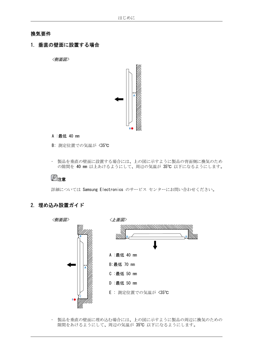 Samsung LH40CRPMBC/XJ, LH46CRPMBC/XJ, LH46CRPMBD/XJ, LH40CRPMBD/XJ manual 換気要件 垂直の壁面に設置する場合, 埋め込み設置ガイド 