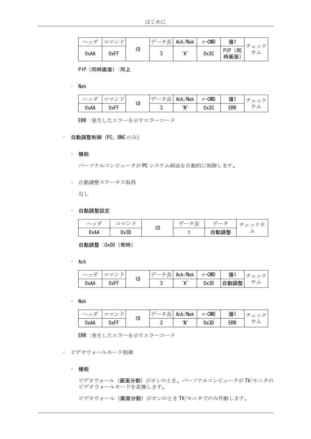 Samsung LH46CRPMBD/XJ, LH46CRPMBC/XJ, LH40CRPMBD/XJ, LH40CRPMBC/XJ manual パーソナルコンピュータが Pc システム画面を自動的に制御します。 自動調整ステータス取得 なし 