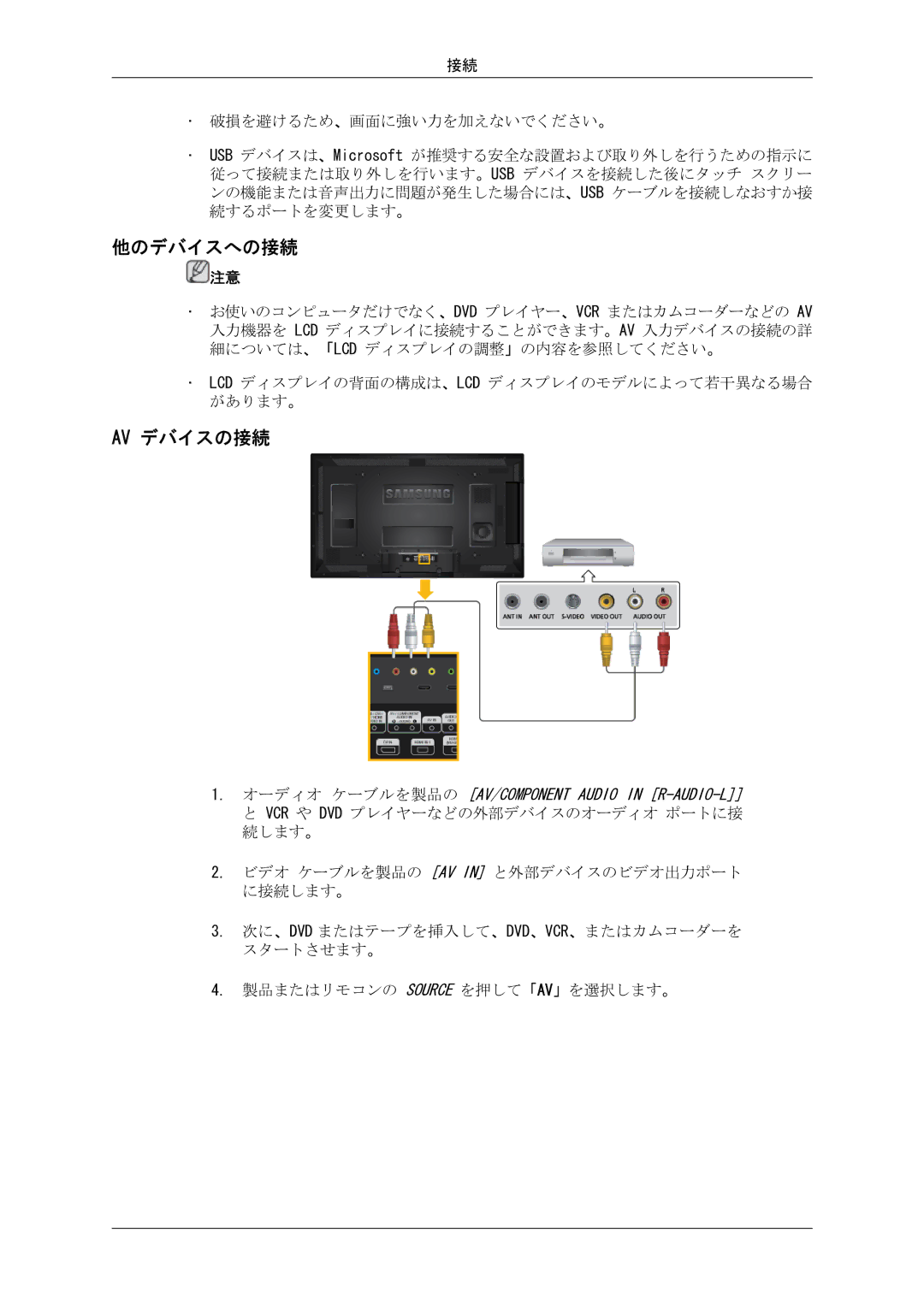 Samsung LH46CRPMBC/XJ, LH46CRPMBD/XJ, LH40CRPMBD/XJ, LH40CRPMBC/XJ manual 他のデバイスへの接続, Av デバイスの接続 