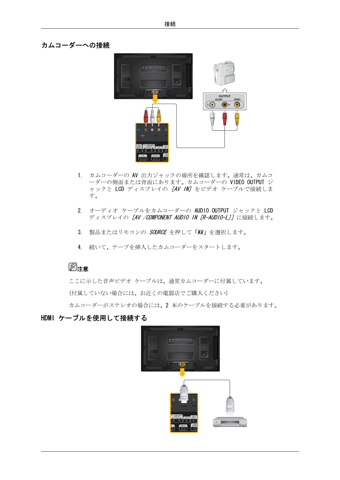 Samsung LH46CRPMBD/XJ, LH46CRPMBC/XJ, LH40CRPMBD/XJ, LH40CRPMBC/XJ manual カムコーダーへの接続, Hdmi ケーブルを使用して接続する 