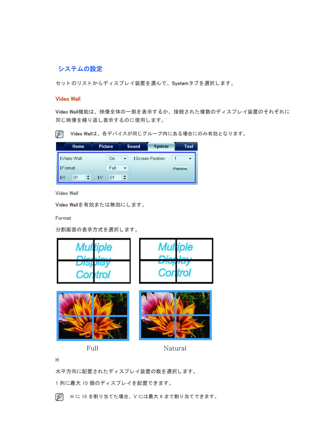 Samsung LH46CRPMBC/XJ, LH46CRPMBD/XJ, LH40CRPMBD/XJ, LH40CRPMBC/XJ manual システムの設定, Video Wall 