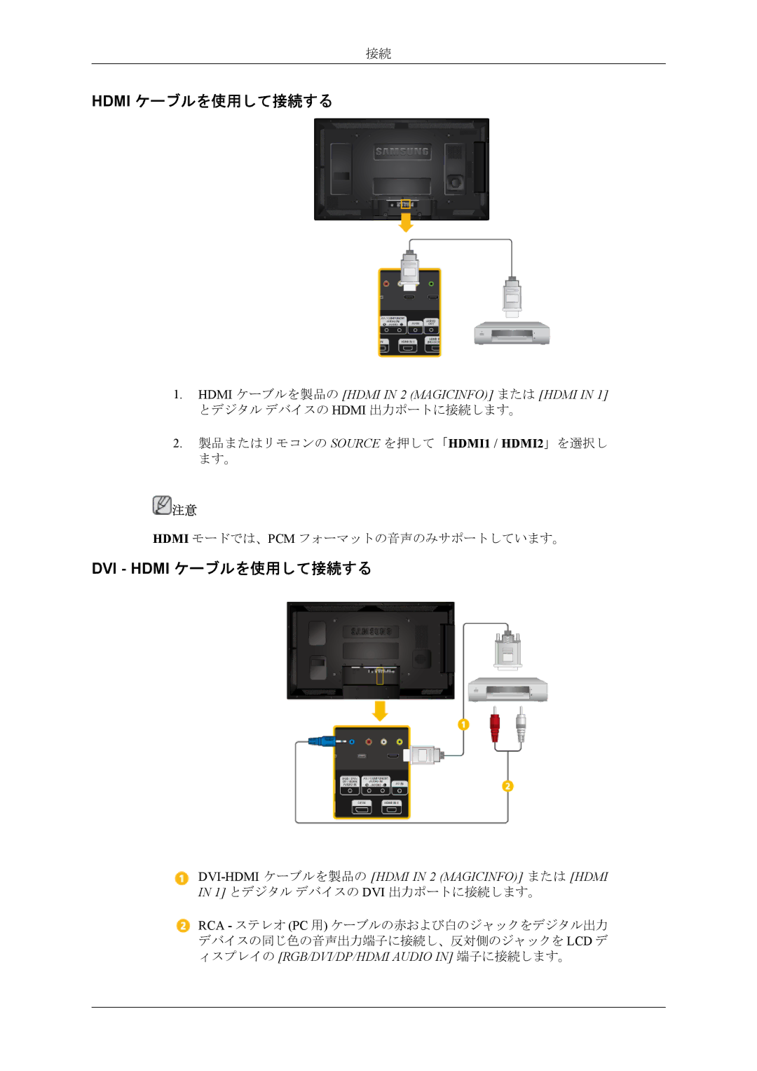 Samsung LH46CRPMBC/XJ, LH46CRPMBD/XJ, LH40CRPMBD/XJ DVI Hdmi ケーブルを使用して接続する, Hdmi ケーブルを製品の Hdmi in 2 Magicinfo または Hdmi 