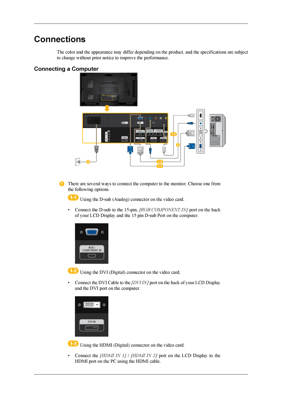 Samsung LH46CRPMBD/NG, LH46CRPMBD/EN, LH46CRPMBC/EN, LH40CRPMBD/EN, LH40CRPMBC/EN manual Connections, Connecting a Computer 