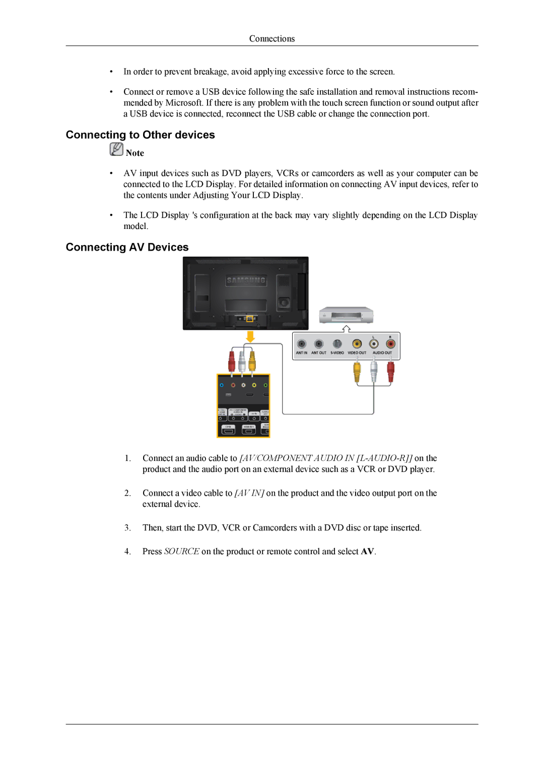 Samsung LH46CRPMBC/EN, LH46CRPMBD/EN, LH40CRPMBD/EN, LH40CRPMBC/EN manual Connecting to Other devices, Connecting AV Devices 