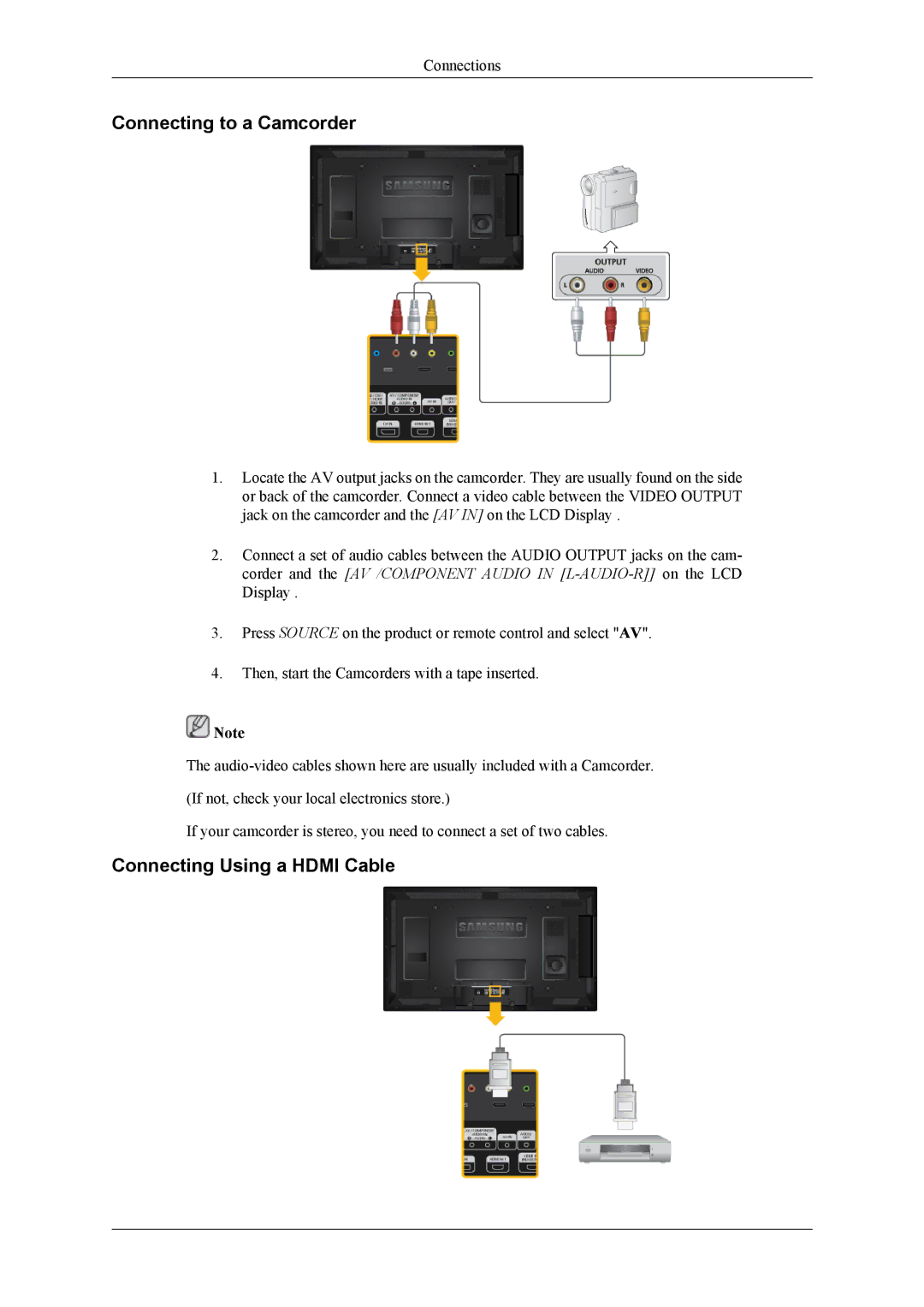 Samsung LH40CRPMBD/EN, LH46CRPMBD/EN, LH46CRPMBC/EN, LH40CRPMBC/EN Connecting to a Camcorder, Connecting Using a Hdmi Cable 