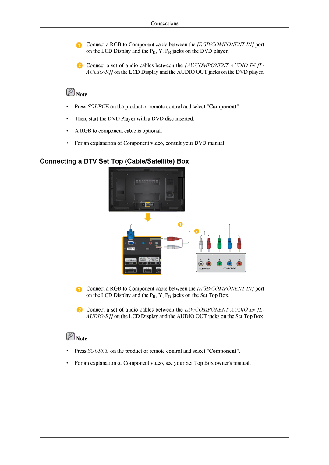 Samsung LH46CRPMBC/XJ, LH46CRPMBD/EN, LH46CRPMBC/EN, LH40CRPMBD/EN manual Connecting a DTV Set Top Cable/Satellite Box 